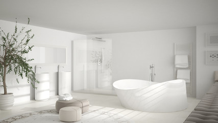 Fototapeta na wymiar Modern classic bathroom with big round carpet, minimalistic white interior design
