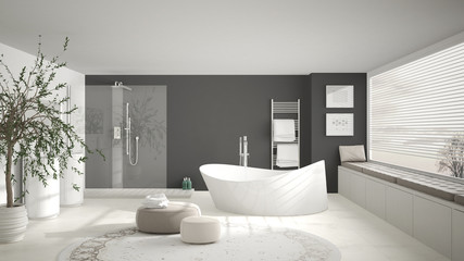 Modern classic bathroom with big round carpet, large panoramic window, minimalistic white and gray interior design