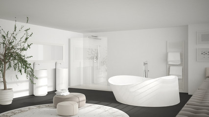 Fototapeta na wymiar Modern classic bathroom with big round carpet, minimalistic white and gray interior design