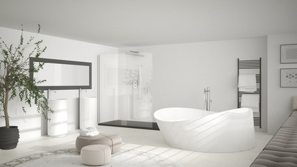 Obraz na płótnie Canvas Modern classic bathroom with big round carpet, minimalistic white and gray interior design