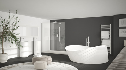 Modern classic bathroom with big round carpet, large panoramic window, minimalistic white and gray interior design