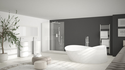 Obraz na płótnie Canvas Modern classic bathroom with big round carpet, minimalistic white and gray interior design