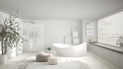 Fototapeta na wymiar Modern classic bathroom with big round carpet, large panoramic window, minimalistic white interior design