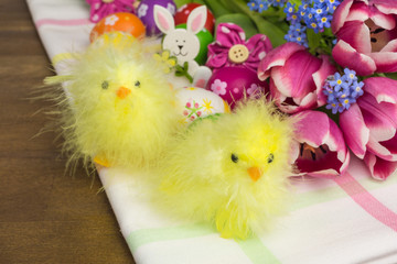 easter decoration with chick and tulips