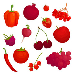A set of fruits and vegetables of red color. Vector illustration. Red food.