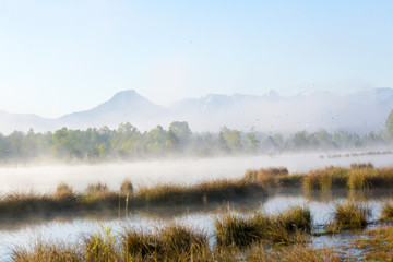 Fototapeta premium Epic landscape photo with morning fog in a moorland area in the mountains of the Bavarian Alps