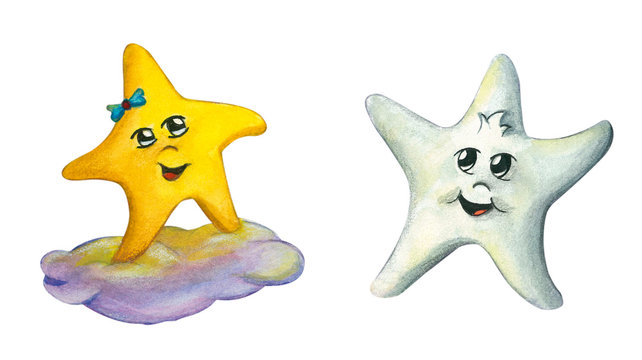 Cute stars, hand painted watercolor illustration isolated on white background. Hand drawn stars elements.