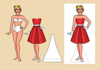 Vector set of pretty woman in underwear. Vintage dress and shoes for the party. Realistic cartoon paper doll with clothes isolated of background