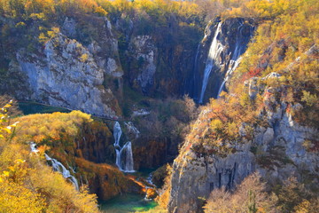 Plitvice lakes, World famous National park in Croatia, UNESCO heritage, waterfalls in autumn