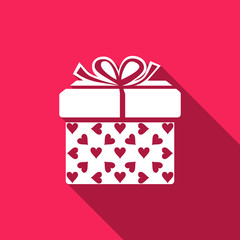 Gift box and heart icon isolated with long shadow. Packaging Valentine's Day. Beautiful festive box tied with ribbon and bow on top. Flat design. Vector Illustration