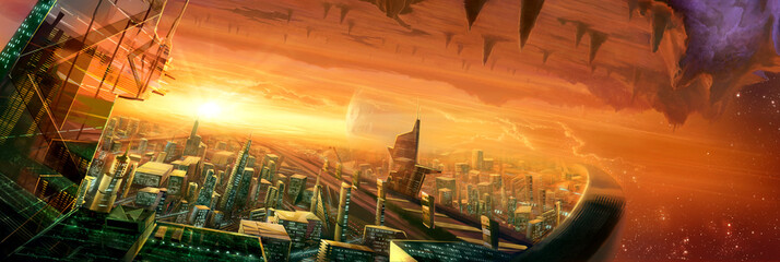 digital illustration of futuristic science fiction city street view environment landscape in space © Camille