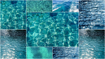 Collage: Erfrischung, Entspannung, See, Meer, Wasser pur, Wasseroberfläche mit Lichtreflexion, Spiegelungen :)