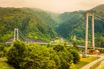 Osteroy suspension bridge in Norway, only road connection island with the mainland east area of Bergen
