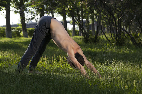  young strong man is engaged in yoga and gymnastics in the park, morning exercises,