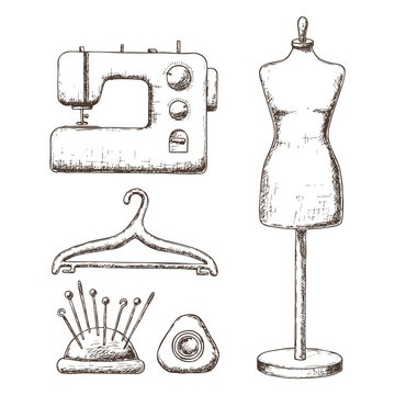 Female tailors dummy, sewing machine, hanger, sketch illustration of accessories for sewing. Vector