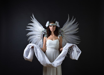 Woman in white dress with angel wings.
