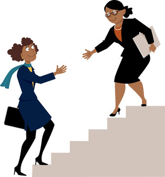 Mature African-american Business Woman Offering A Hand To A Young Protegee, Going Upstairs, As A Metaphor For Mentorship Or Hiring, EPS 8 Vector Illustration