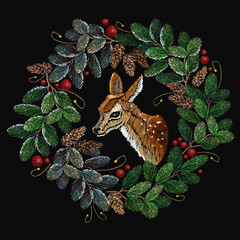Fototapeta premium Embroidery christmas tree wreath and deer. Clothes, t-shirt design textile design template. Christmas wreath from fir tree branches, reindeer, vector art xmas festive background