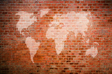 World map on vintage brick wall