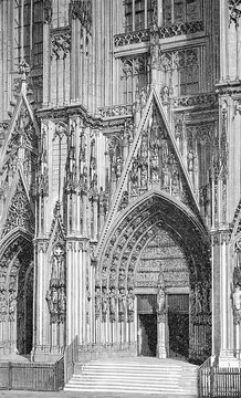 Cologne cathedral, west portal in gothic style, vintage engraving