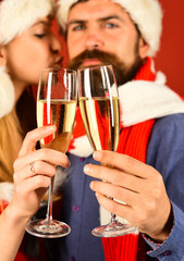 Santa and sexy girl with drinks, close up