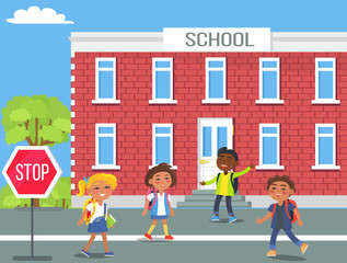 Obraz na płótnie Canvas Children in Front of School Cartoon Illustration