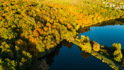 Golden autumn background, aerial view of forest with yellow trees and lake landscape from above
