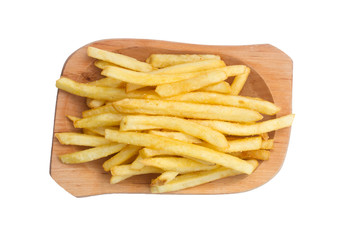 pile of french fries on wooden plate - isolated