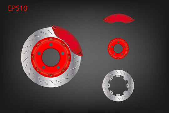 Car disc brake system with red caliper. Automotive parts concept. Vector illustration design. EPS10