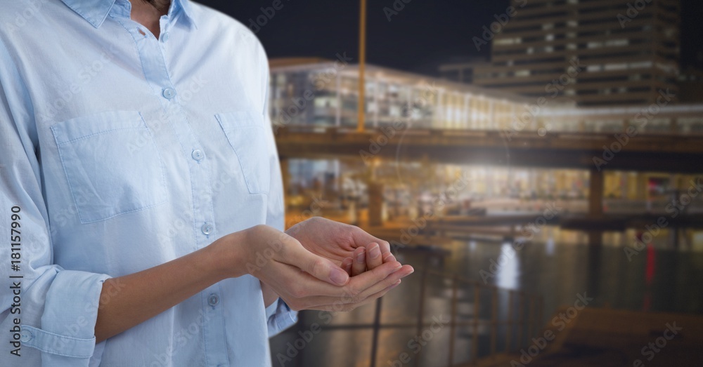 Poster Business person with hands palm open in city