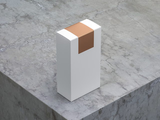 White cardboard box Mockup with Gold Sticker on top side on concrete table, 3d rendering