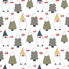 cute lovely cartoon seamless vector pattern background illustration with gnomes, trees with snow and mushrooms
