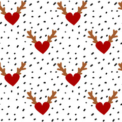 hand drawn black confetti on white background simple abstract seamless vector pattern illustration with red hearts with antlers