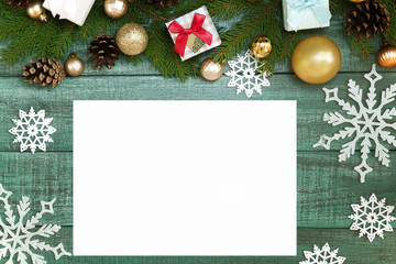 Christmas letter, list, congratulations on a wooden background, gift boxes and fir branches