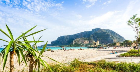 Mondello beach palms and moutains, Sicily, Italy