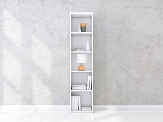 White shelving unit with books and decor in interior, concrete wall, bookshelf mockup, 3d rendering © customdesigner