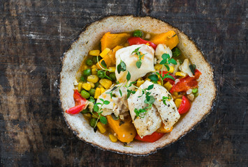 Fish stew with vegetables - top view