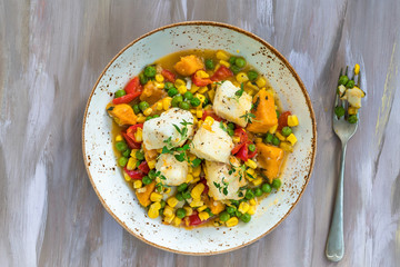 Fish stew with vegetables - top view