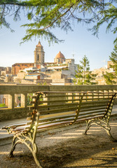 View from Erice, bench and church, Sicily, Italy