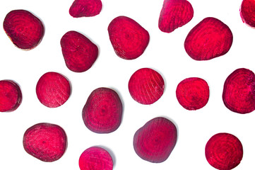Raw beet slices isolated on white background