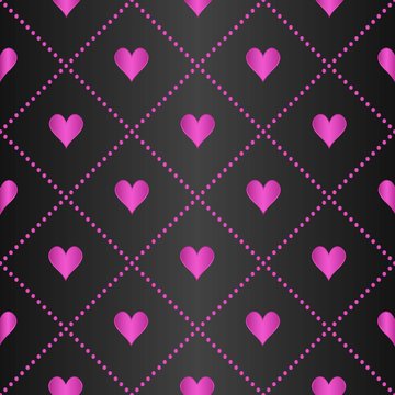 Seamless geometric pattern with hearts on dark background. Vector repeating texture