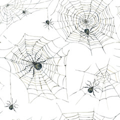 Watercolor seamless pattern with black spider and web