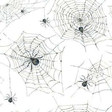 Watercolor seamless pattern with black spider and web