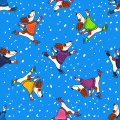 Winter greeting design with dogs in colorful sweaters
