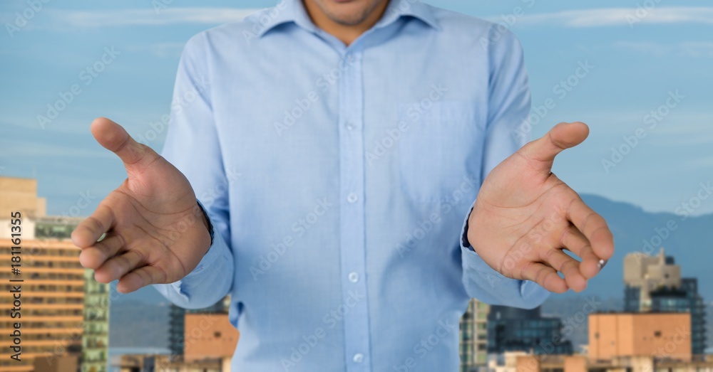 Sticker Businessman with hands palm open in city