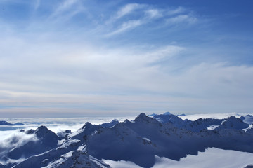 beautiful winter mountains with blue sky, snowy peaks. amazing scenic nature landscape.