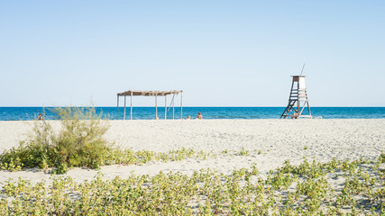 Fototapeta na wymiar Sunny Day On The Sandy Beach In Paralia Katerini, Aegean sea, Greece