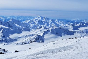 beautiful winter mountains with blue sky, snowy peaks. amazing scenic nature landscape.