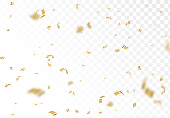 Falling shiny golden confetti isolated on transparent background. Bright festive tinsel of gold color.