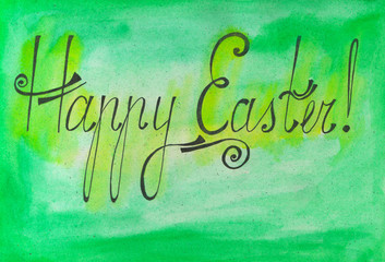 Watercolor Happy Easter card. Vintage poster, banner, scrapbook page. Handmade aged paper texture in retro style. Can be used for cards, invitations, web, clothing, textile.